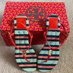 Tory Burch Emmy Patent Striped Sandals | 7.5